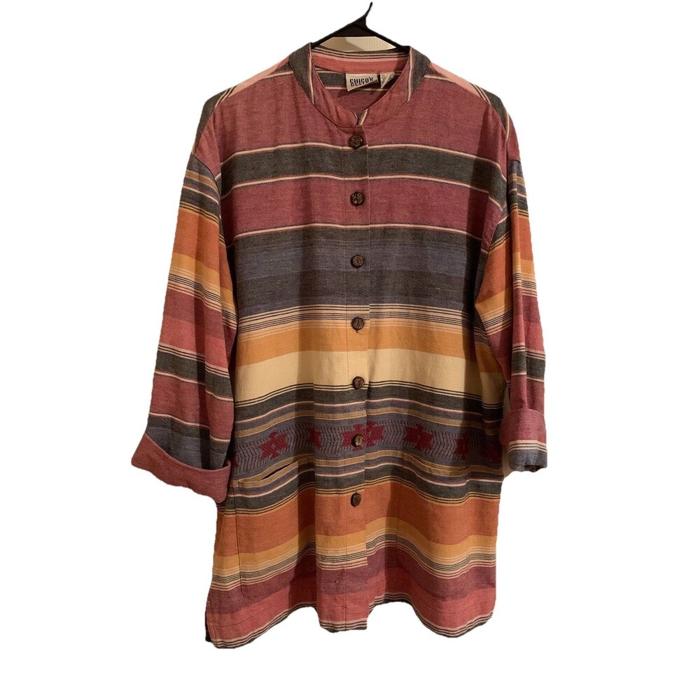 Chicos Design Size 2 Large Aztec Western Button Shirt Jacket Pockets Vintage